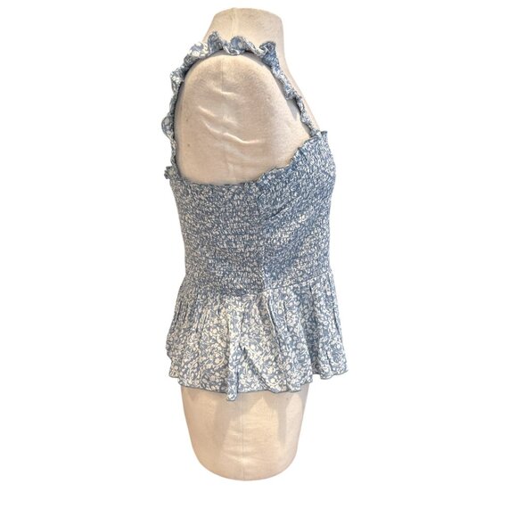 Blue & White Floral Smocked Peplum Tank Top With Ruffle Straps & Button Front - - Picture 4 of 8